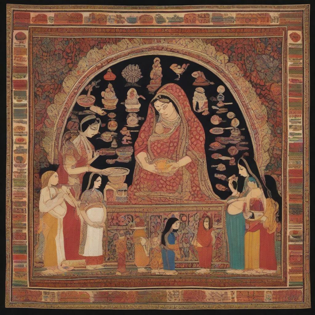 An intricate tapestry portraying various aspects of pregnancy in Indian societies; including traditional rituals, societal perceptions, and the essence of diverse cultural beliefs influencing maternal experiences.