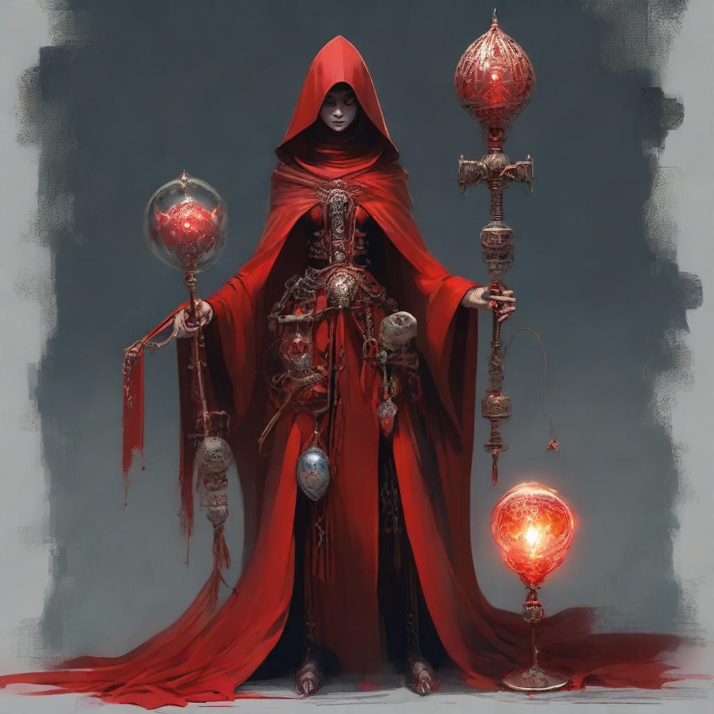 A woman dressed as a red-garbed priestess, hooded, and adorned with gear-shaped decorations. She holds a staff with a gear encasing a glowing bulb at its apex. She possesses additional mechanical limbs, creating a unique melding of the organic and mechanical.