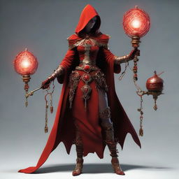 A woman dressed as a red-garbed priestess, hooded, and adorned with gear-shaped decorations. She holds a staff with a gear encasing a glowing bulb at its apex. She possesses additional mechanical limbs, creating a unique melding of the organic and mechanical.