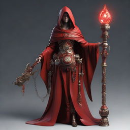 A woman dressed as a red-garbed priestess, hooded, and adorned with gear-shaped decorations. She holds a staff with a gear encasing a glowing bulb at its apex. She possesses additional mechanical limbs, creating a unique melding of the organic and mechanical.