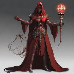 A woman dressed as a red-garbed priestess, hooded, and adorned with gear-shaped decorations. She holds a staff with a gear encasing a glowing bulb at its apex. She possesses additional mechanical limbs, creating a unique melding of the organic and mechanical.