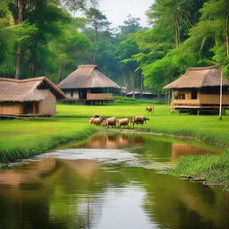 Generate a serene scene of a traditional Assamese village, adorned with lush greenery, rustic huts, and the peaceful rhythm of rural life, reflecting the cultural richness of Assam.