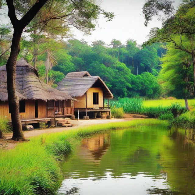 Generate a serene scene of a traditional Assamese village, adorned with lush greenery, rustic huts, and the peaceful rhythm of rural life, reflecting the cultural richness of Assam.