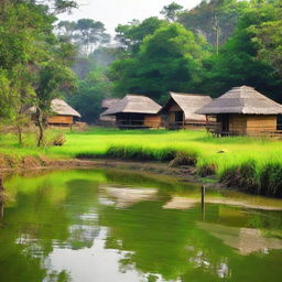 Generate a serene scene of a traditional Assamese village, adorned with lush greenery, rustic huts, and the peaceful rhythm of rural life, reflecting the cultural richness of Assam.