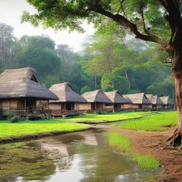 Generate a serene scene of a traditional Assamese village, adorned with lush greenery, rustic huts, and the peaceful rhythm of rural life, reflecting the cultural richness of Assam.