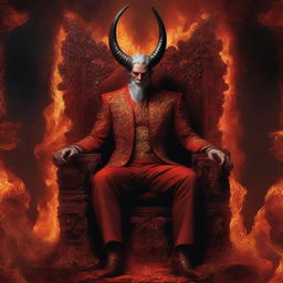 Lucifer, exuding majesty, dressed in an intricate, ancient suit, sitting regally on his ornate throne within the fiery surroundings of hell.