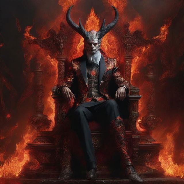 Lucifer, exuding majesty, dressed in an intricate, ancient suit, sitting regally on his ornate throne within the fiery surroundings of hell.