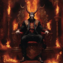 Lucifer, exuding majesty, dressed in an intricate, ancient suit, sitting regally on his ornate throne within the fiery surroundings of hell.