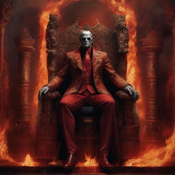 Lucifer, exuding majesty, dressed in an intricate, ancient suit, sitting regally on his ornate throne within the fiery surroundings of hell.