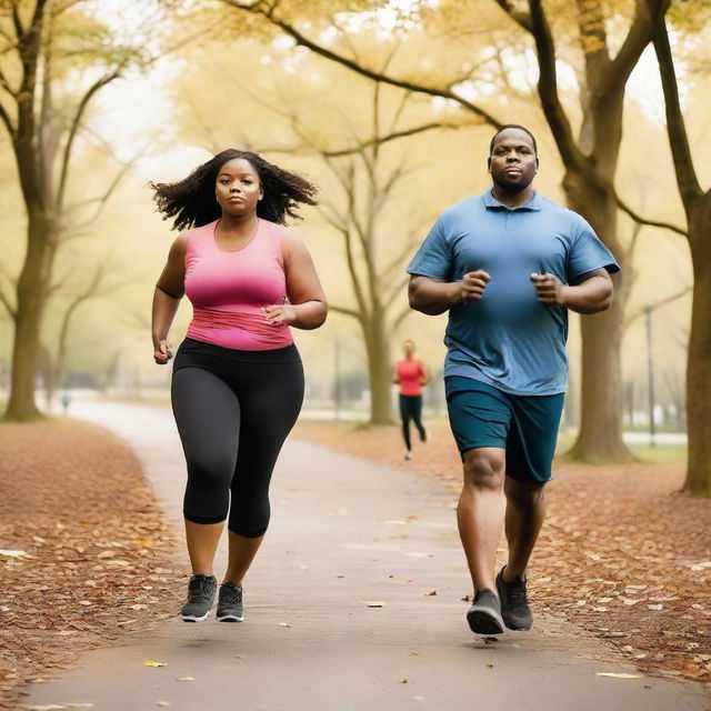 A curvy woman in athletic clothing runs ahead, seeming full of life, while a man in a wheelchair speeds along the park trail behind her, determined.