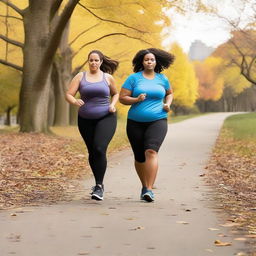 A curvy woman in athletic clothing runs ahead, seeming full of life, while a man in a wheelchair speeds along the park trail behind her, determined.