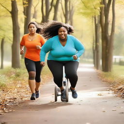 A curvy woman in athletic clothing runs ahead, seeming full of life, while a man in a wheelchair speeds along the park trail behind her, determined.