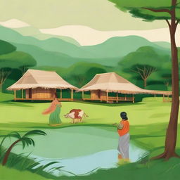 Create an image showcasing a tranquil Assamese village with verdant landscapes, traditional huts, and cultural symbols of pregnancy, symbolizing the harmonious blend of Assam village life and maternity.