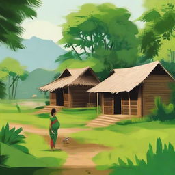 Create an image showcasing a tranquil Assamese village with verdant landscapes, traditional huts, and cultural symbols of pregnancy, symbolizing the harmonious blend of Assam village life and maternity.