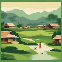 Create an image showcasing a tranquil Assamese village with verdant landscapes, traditional huts, and cultural symbols of pregnancy, symbolizing the harmonious blend of Assam village life and maternity.