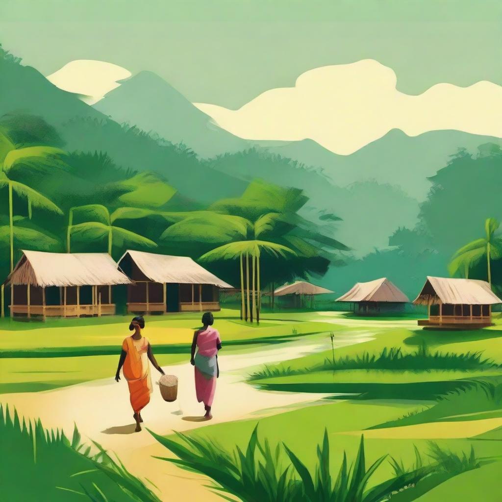 Create an image showcasing a tranquil Assamese village with verdant landscapes, traditional huts, and cultural symbols of pregnancy, symbolizing the harmonious blend of Assam village life and maternity.