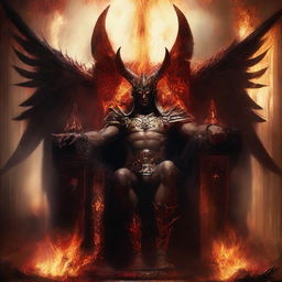 Lucifer, embodied with a grand warrior's aura, dressed in ancient warrior attire, radiating majesty as he sits on his elaborate throne in the fiery depths of hell.