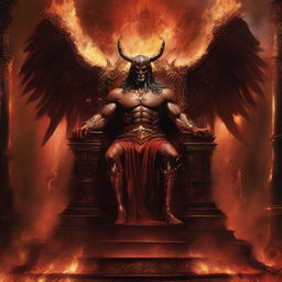 Lucifer, embodied with a grand warrior's aura, dressed in ancient warrior attire, radiating majesty as he sits on his elaborate throne in the fiery depths of hell.