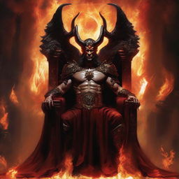 Lucifer, embodied with a grand warrior's aura, dressed in ancient warrior attire, radiating majesty as he sits on his elaborate throne in the fiery depths of hell.