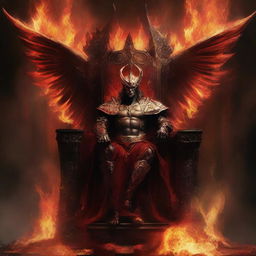 Lucifer, embodied with a grand warrior's aura, dressed in ancient warrior attire, radiating majesty as he sits on his elaborate throne in the fiery depths of hell.