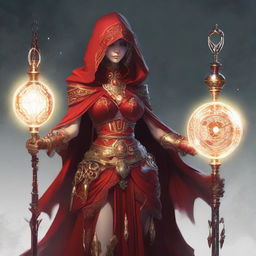 A woman in a red priestess outfit, a hood and gear-based jewelry, holds a staff with a gear encasing a glowing bulb. She has additional mechanical limbs. Her clothing is detailed with white patterns, adding mystique to the fusion of the organic and mechanical.