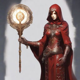 A woman in a red priestess outfit, a hood and gear-based jewelry, holds a staff with a gear encasing a glowing bulb. She has additional mechanical limbs. Her clothing is detailed with white patterns, adding mystique to the fusion of the organic and mechanical.