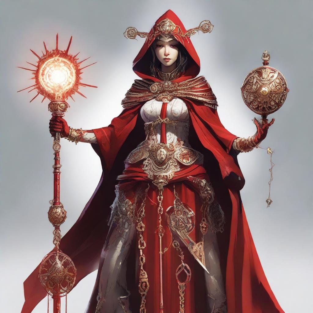 A woman in a red priestess outfit, a hood and gear-based jewelry, holds a staff with a gear encasing a glowing bulb. She has additional mechanical limbs. Her clothing is detailed with white patterns, adding mystique to the fusion of the organic and mechanical.