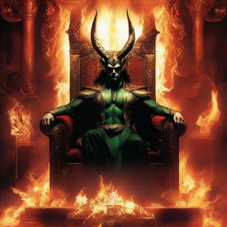 Loki interpreted as Lucifer, embodied with a grand warrior's aura, dressed in ancient warrior attire, radiating majesty as he sits on his elaborate throne in the fiery depths of hell.