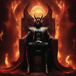 Loki interpreted as Lucifer, embodied with a grand warrior's aura, dressed in ancient warrior attire, radiating majesty as he sits on his elaborate throne in the fiery depths of hell.