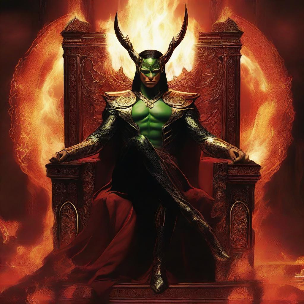 Loki interpreted as Lucifer, embodied with a grand warrior's aura, dressed in ancient warrior attire, radiating majesty as he sits on his elaborate throne in the fiery depths of hell.