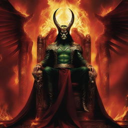 Loki interpreted as Lucifer, embodied with a grand warrior's aura, dressed in ancient warrior attire, radiating majesty as he sits on his elaborate throne in the fiery depths of hell.