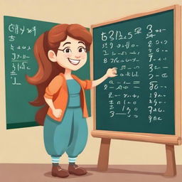 A confident, beautiful dwarf woman skillfully solving complex mathematical equations on a towering chalkboard with joy and enthusiasm.