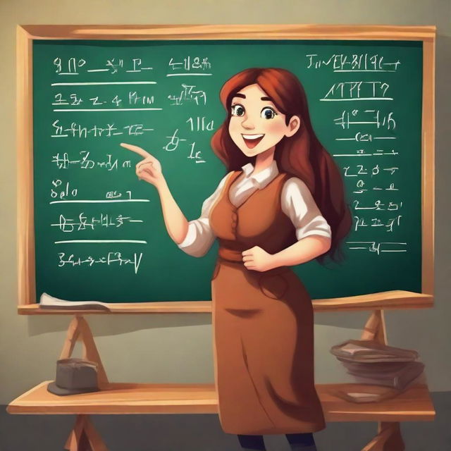 A confident, beautiful dwarf woman skillfully solving complex mathematical equations on a towering chalkboard with joy and enthusiasm.