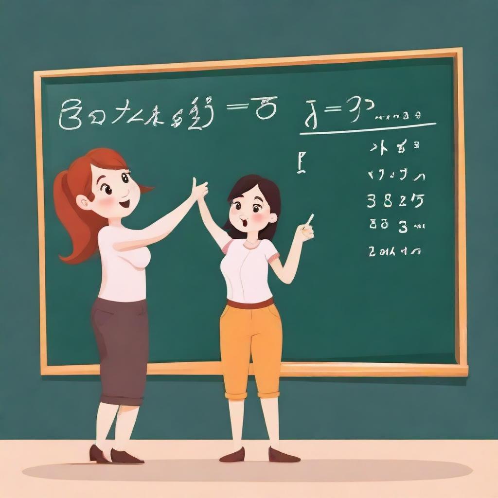 A confident, beautiful dwarf woman skillfully solving complex mathematical equations on a towering chalkboard with joy and enthusiasm.