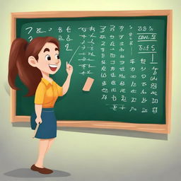 A confident, beautiful dwarf woman skillfully solving complex mathematical equations on a towering chalkboard with joy and enthusiasm.