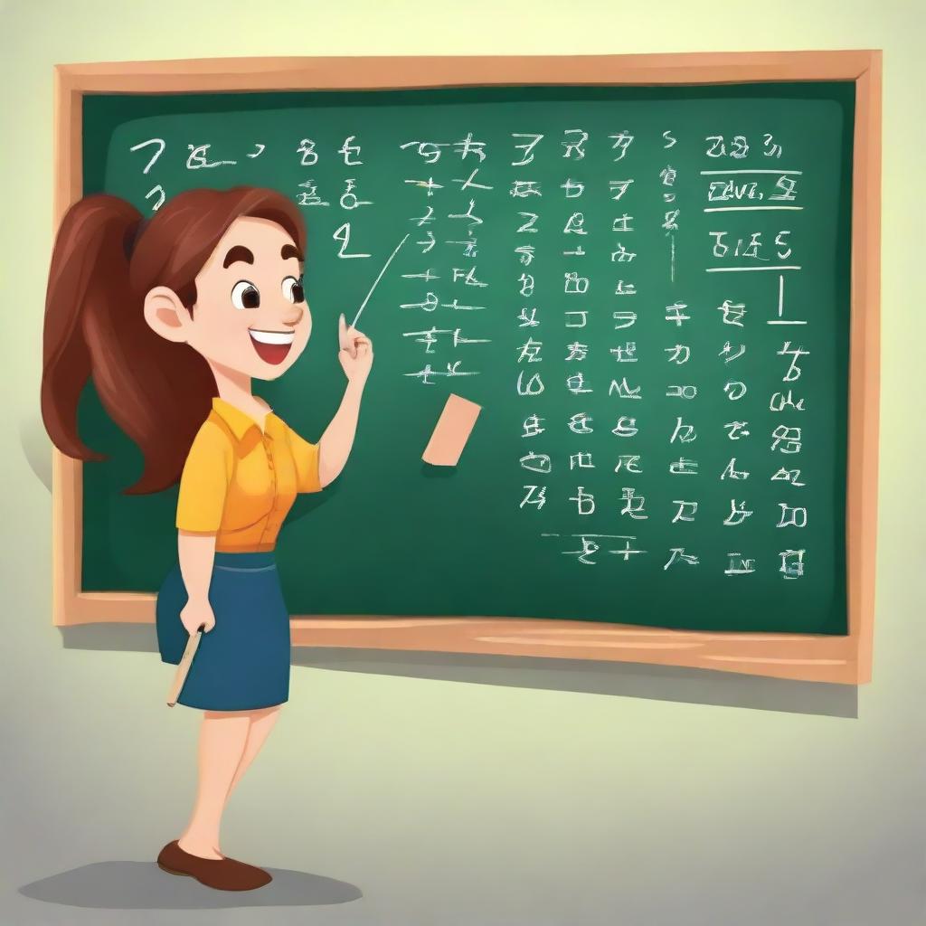 A confident, beautiful dwarf woman skillfully solving complex mathematical equations on a towering chalkboard with joy and enthusiasm.
