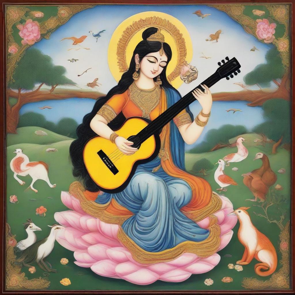 Goddess Saraswati in the style of Indian miniature painting, holding a guitar, with a scenic backdrop featuring various animals and birds