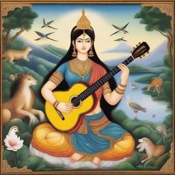 Goddess Saraswati in the style of Indian miniature painting, holding a guitar, with a scenic backdrop featuring various animals and birds