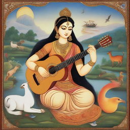 Goddess Saraswati in the style of Indian miniature painting, holding a guitar, with a scenic backdrop featuring various animals and birds