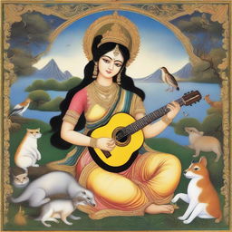 Goddess Saraswati in the style of Indian miniature painting, holding a guitar, with a scenic backdrop featuring various animals and birds