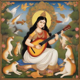 Goddess Saraswati in the style of Indian miniature painting, holding a guitar, surrounded by animals and birds creating a divine, ancient cultural environment