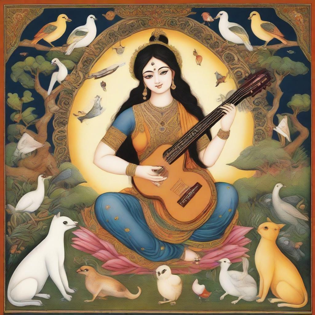 Goddess Saraswati in the style of Indian miniature painting, holding a guitar, surrounded by animals and birds creating a divine, ancient cultural environment