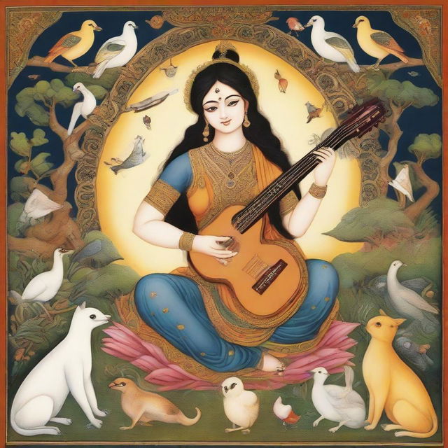 Goddess Saraswati in the style of Indian miniature painting, holding a guitar, surrounded by animals and birds creating a divine, ancient cultural environment