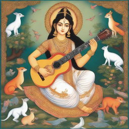 Goddess Saraswati in the style of Indian miniature painting, holding a guitar, surrounded by animals and birds creating a divine, ancient cultural environment