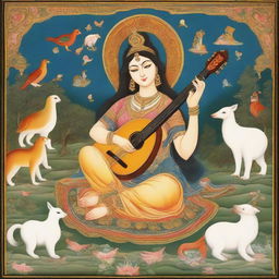 Goddess Saraswati in the style of Indian miniature painting, holding a guitar, surrounded by animals and birds creating a divine, ancient cultural environment