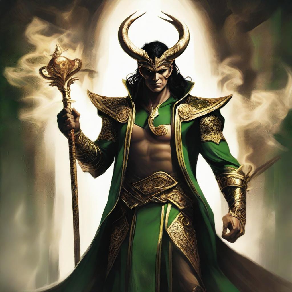 Loki interpreted as Lucifer, regally dressed in ancient warrior attire, radiating majesty, standing with a grand scepter in his hand.