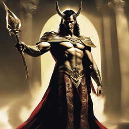 Loki interpreted as Lucifer, regally dressed in ancient warrior attire, radiating majesty, standing with a grand scepter in his hand.