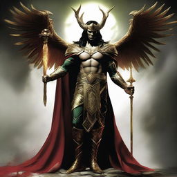 Loki interpreted as Lucifer, regally dressed in ancient warrior attire, radiating majesty, standing with a grand scepter in his hand.