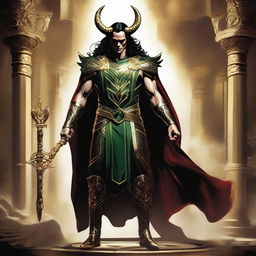 Loki interpreted as Lucifer, regally dressed in ancient warrior attire, radiating majesty, standing with a grand scepter in his hand.