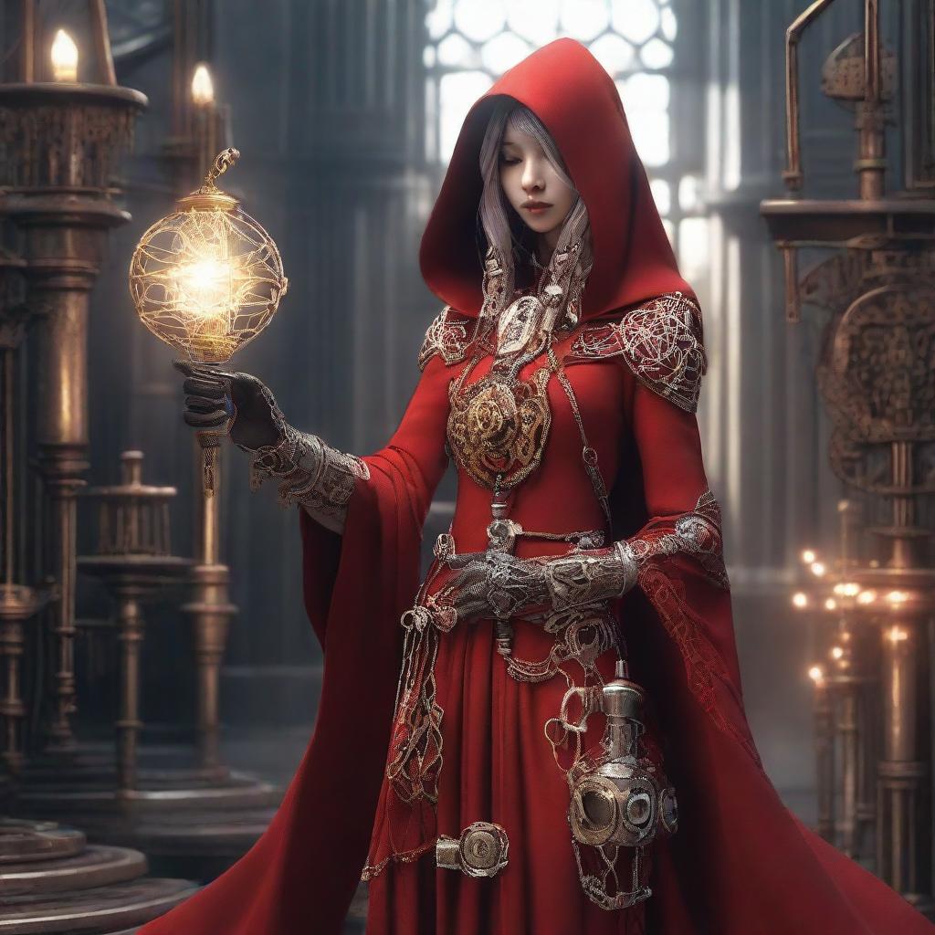 A priestess in a red hooded garment, holding a gear-topped staff enfolding an incandescent bulb, stands in an industrial backdrop. Her jewelry is gear-themed, she has mechanical extensions for limbs and her clothing features white patterns.